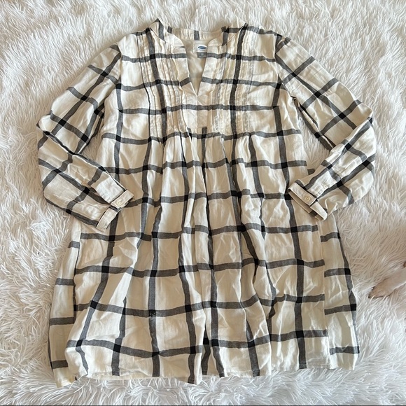 Cream & Black Grid Check Ruched V-Neck Long Sleeve Peasant Dress - Picture 6 of 15